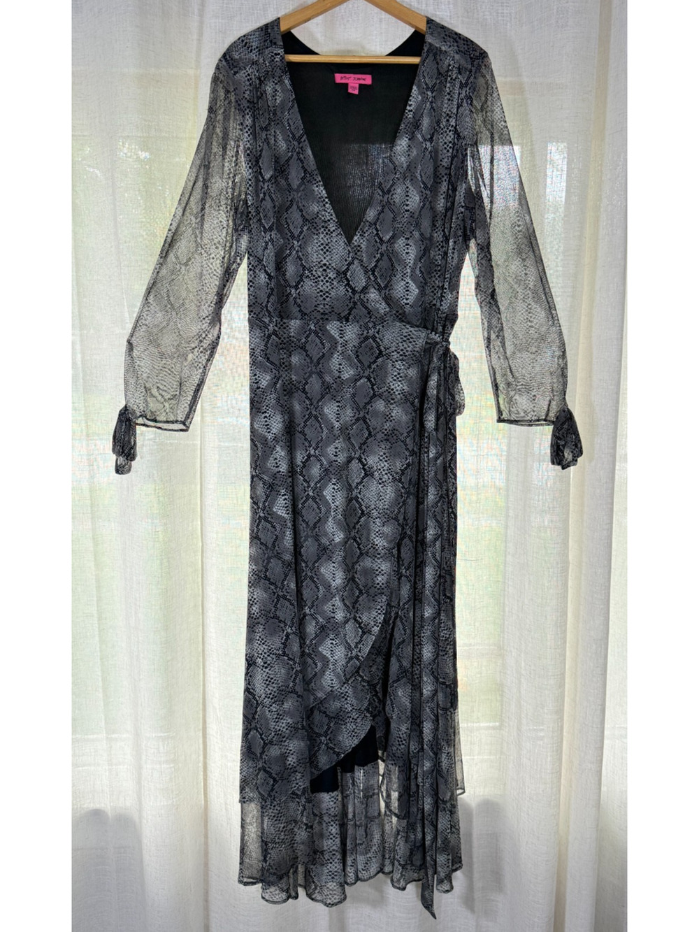 Betsey Johnson Snake Print Wrap Dress 16W Gray Black Hi Low Ruffle Hem Sheer